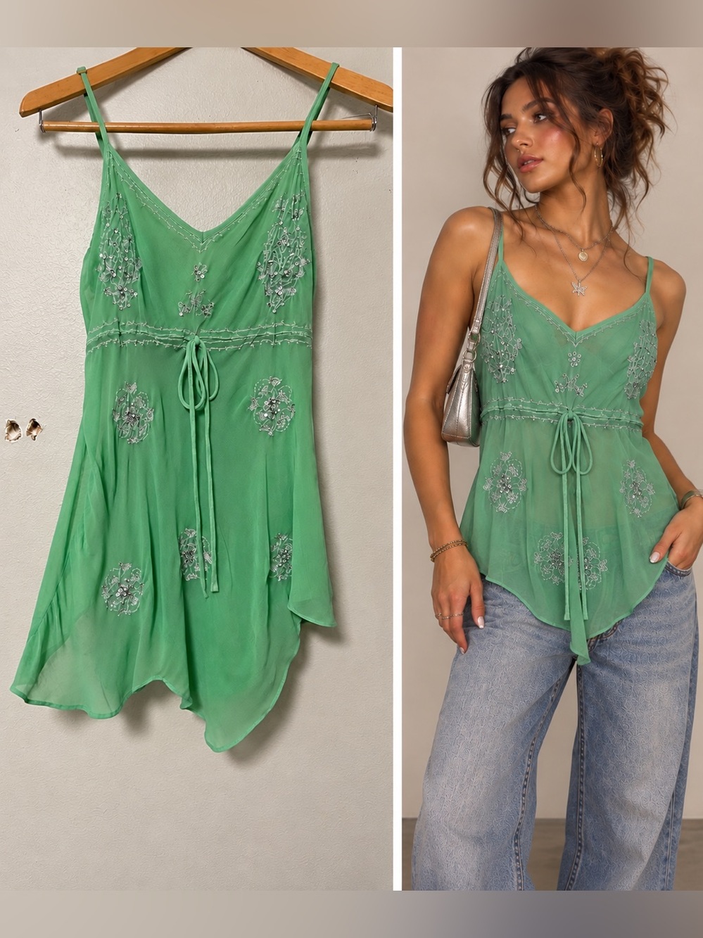 Y2K Angie Women S Cami Chiffon Sequins Asymmetrical Whimsical Fairy Babydoll